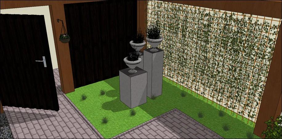 3D-ontwerp van een binnenplaats met sokkels, siervazen en een klimplantenrek