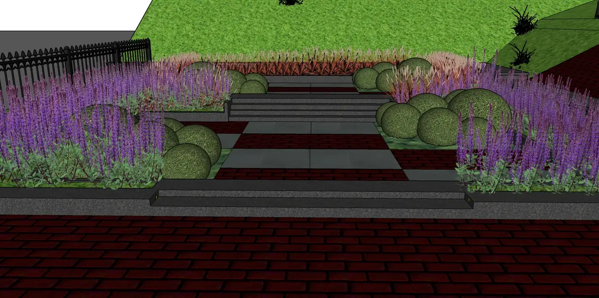 3D-ontwerp van een voortuin met traptreden, bolvormige heesters en paarse salie